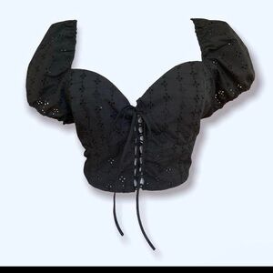 H&M Black Lace-Up Puff Sleeve Blouse